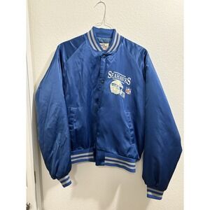 VINTAGE Seattle Seahawks Jacket Mens XL Blue Chalk Line Satin Bomber 80s